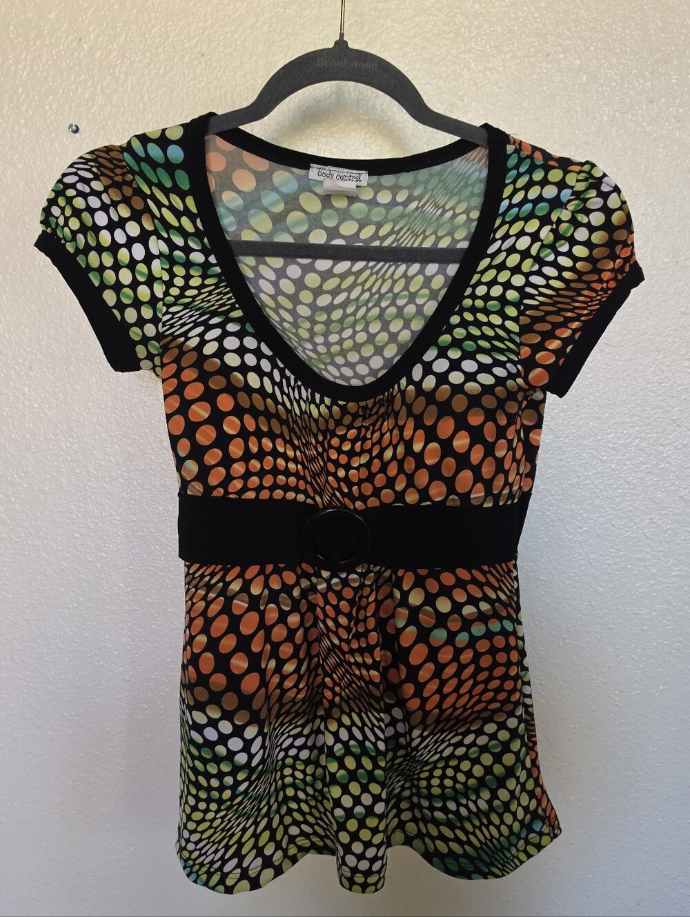 Body Central Y2K Psychedelic Polka Dot Empire Waist Buckle Top